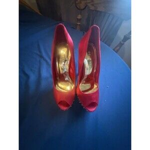 Gold Rush Platform Stiletto Heels Size 7.5 Red Satin Spikes